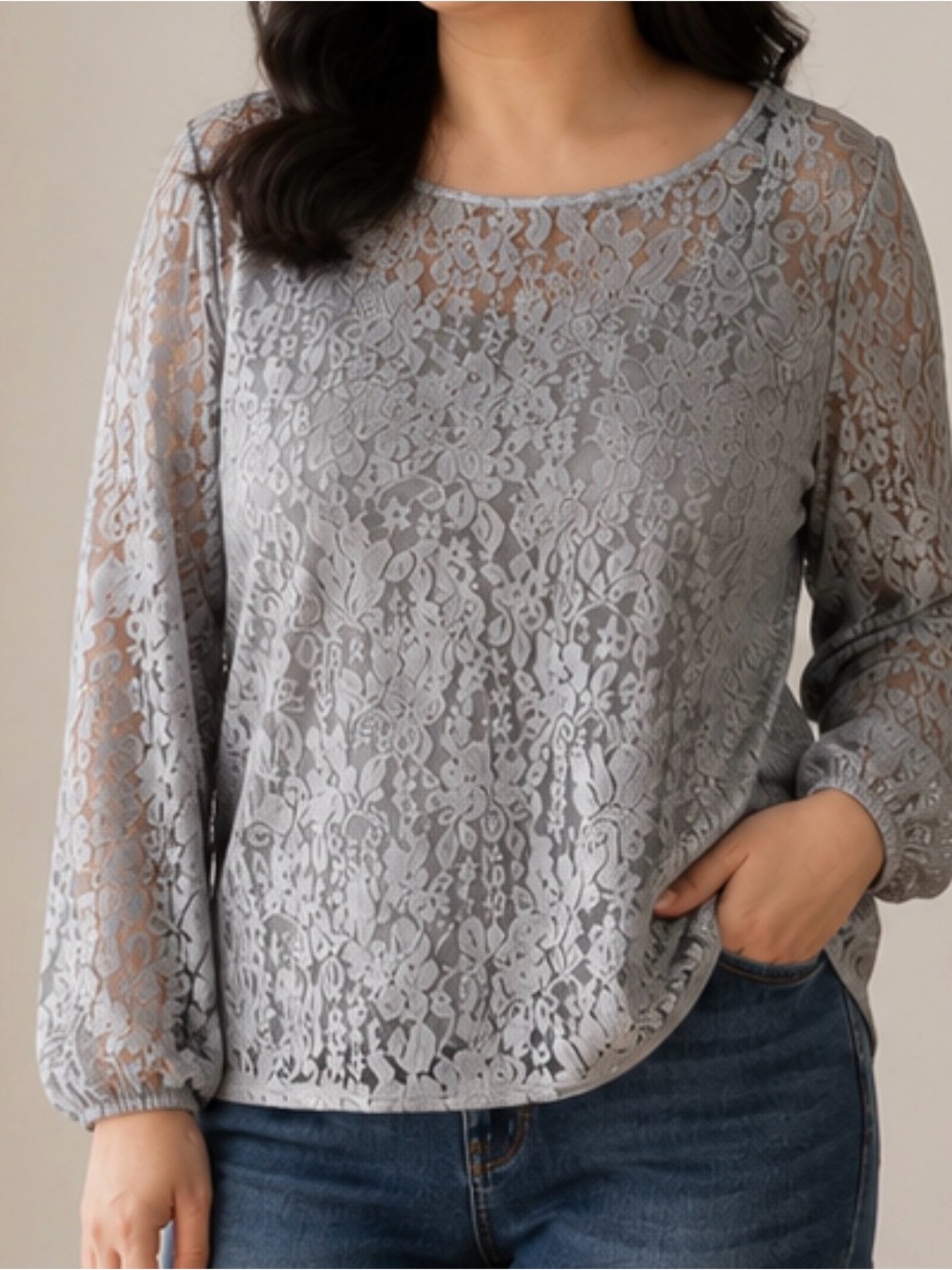 Laundry By Shelli Segal Gray Lace  Feminine Blouse with Underlined Camisole- 6